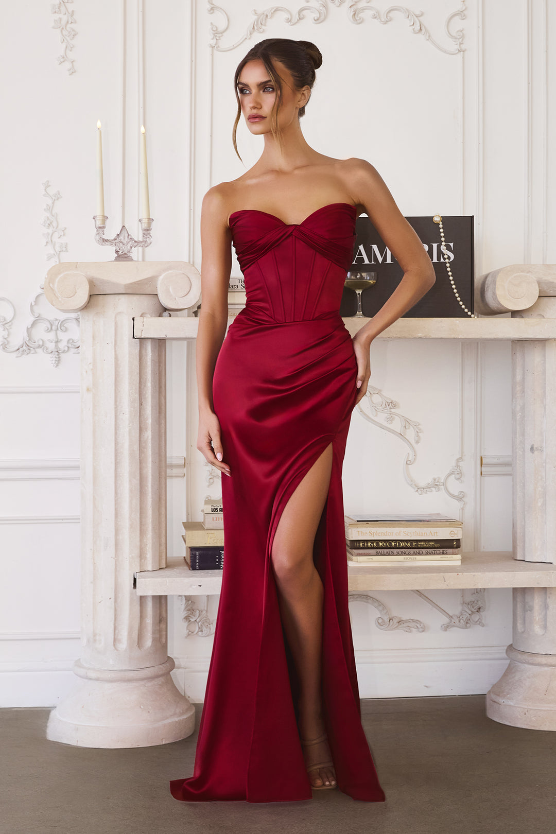 Satin Fitted Strapless Slit Gown by Amoris T611