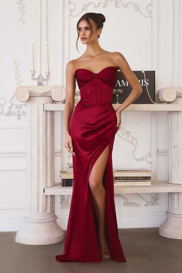 Satin Fitted Strapless Slit Gown by Amoris T611