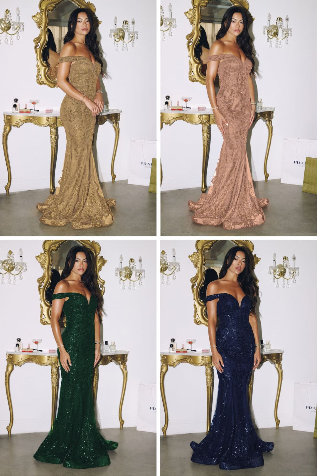 Glitter Print Fitted Off Shoulder Gown by Amoris T613