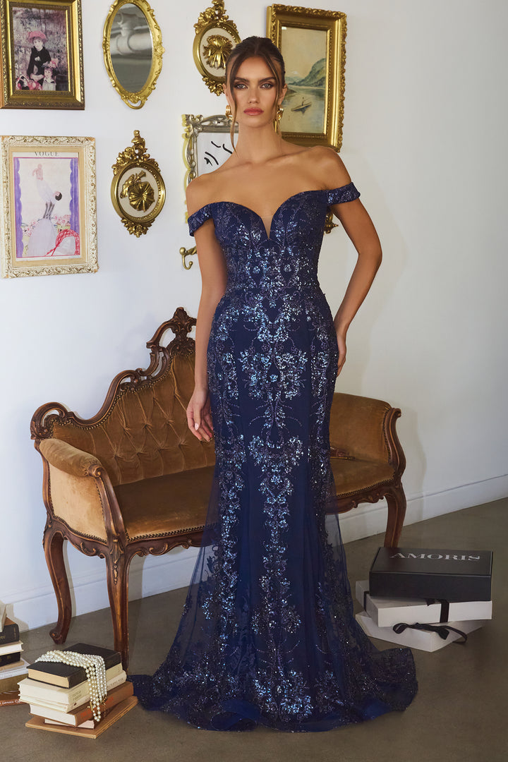 Glitter Print Fitted Off Shoulder Gown by Amoris T613