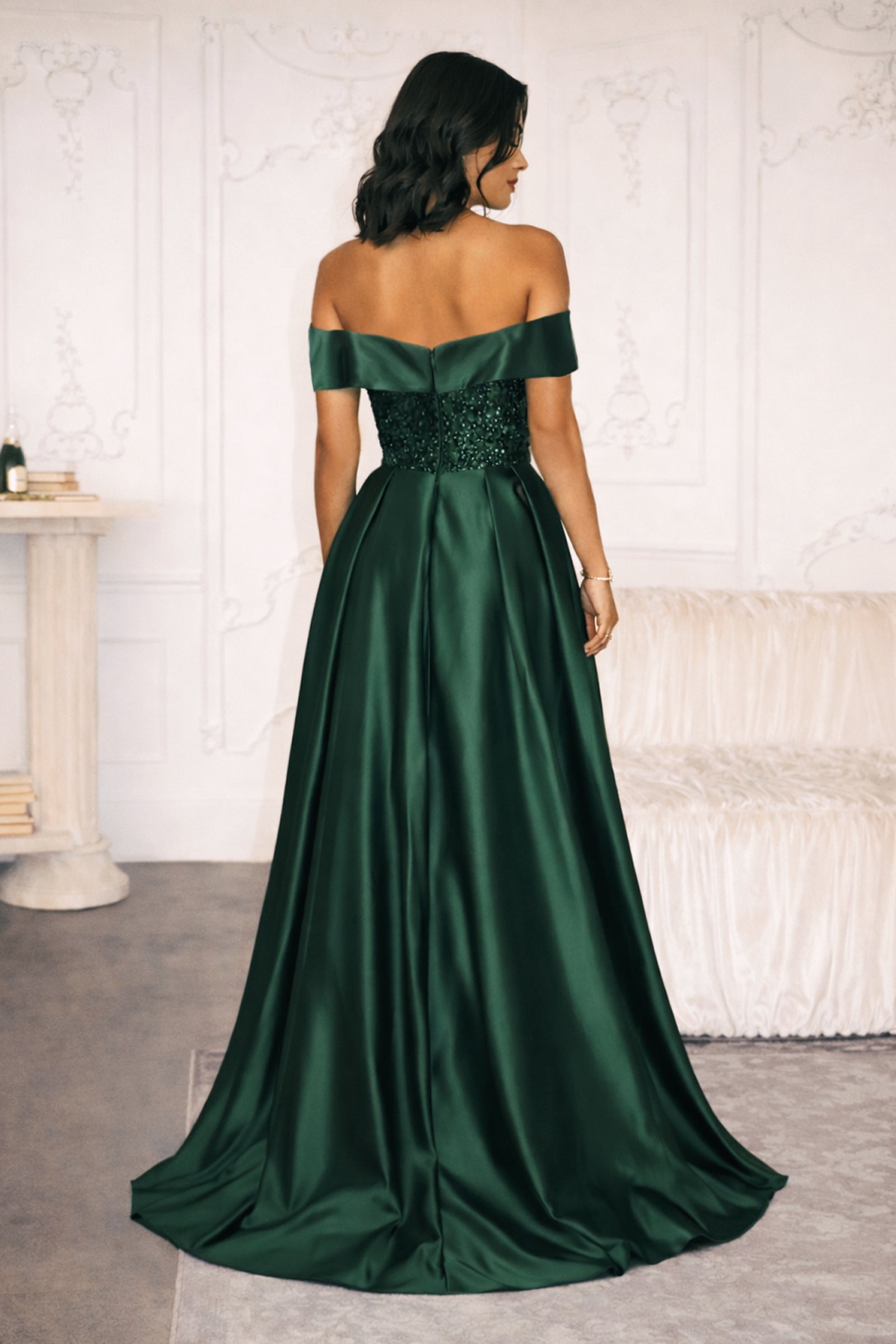 Glitter Satin Off Shoulder Slit Gown by Amoris T614 – ABC Fashion