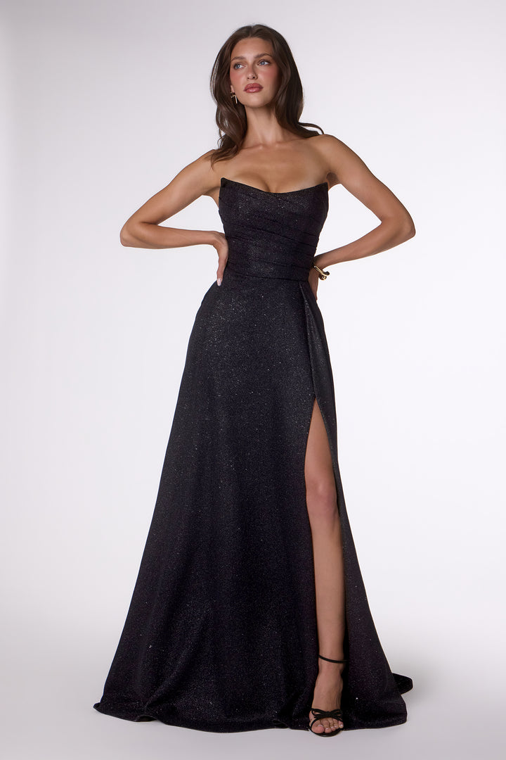 Glitter Strapless A-line Slit Gown by Amoris T701
