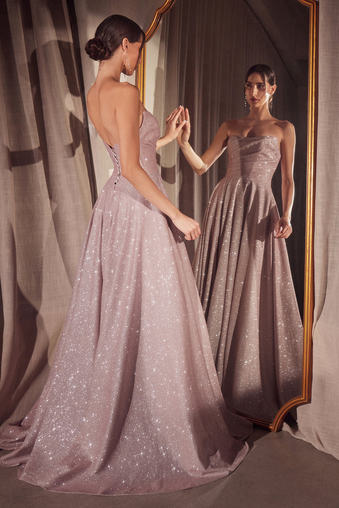 Glitter Strapless A-line Slit Gown by Amoris T701