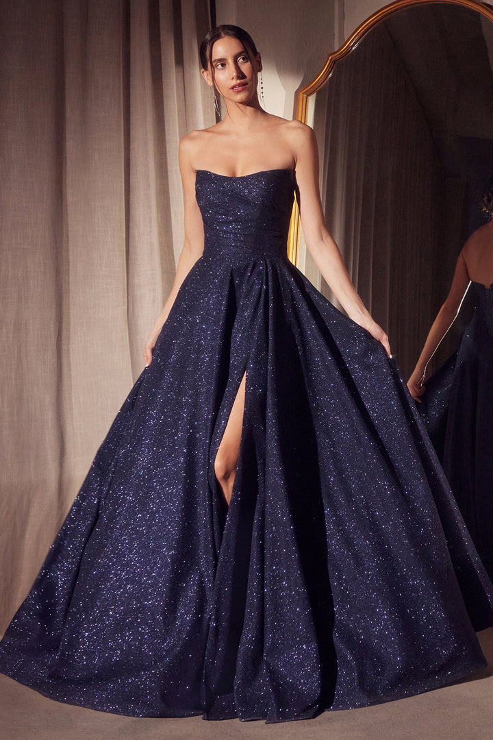 Glitter Strapless A-line Slit Gown by Amoris T701