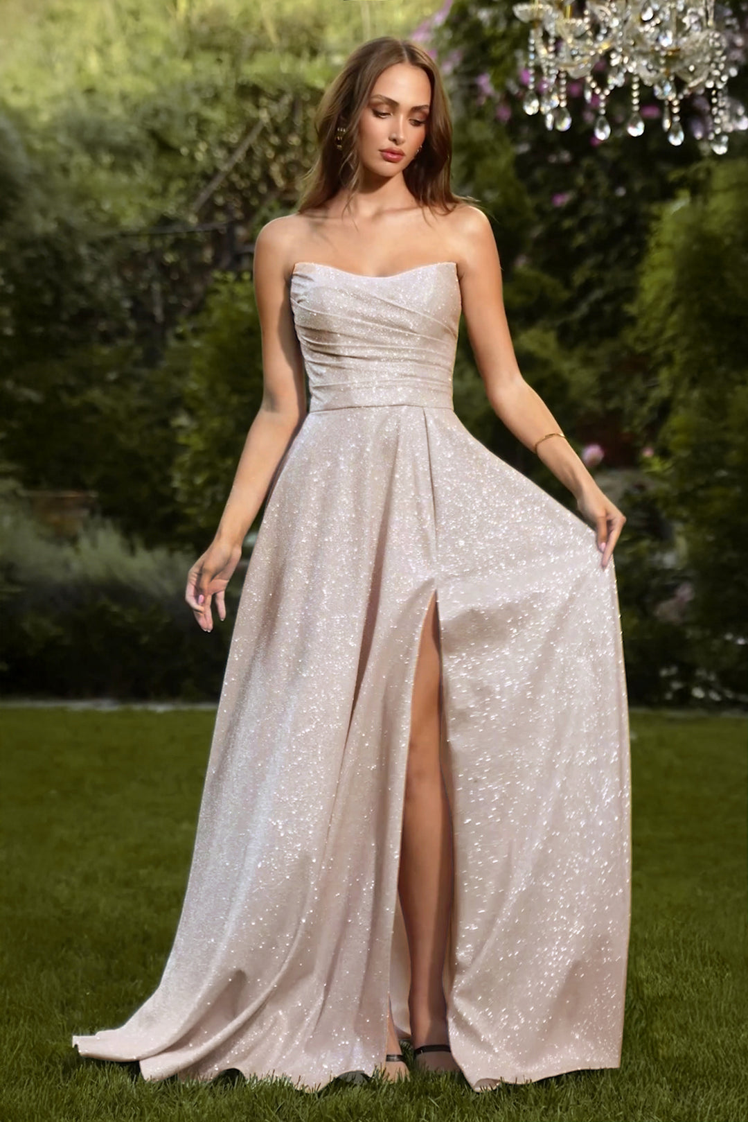 Glitter Strapless A-line Slit Gown by Ladivine T701