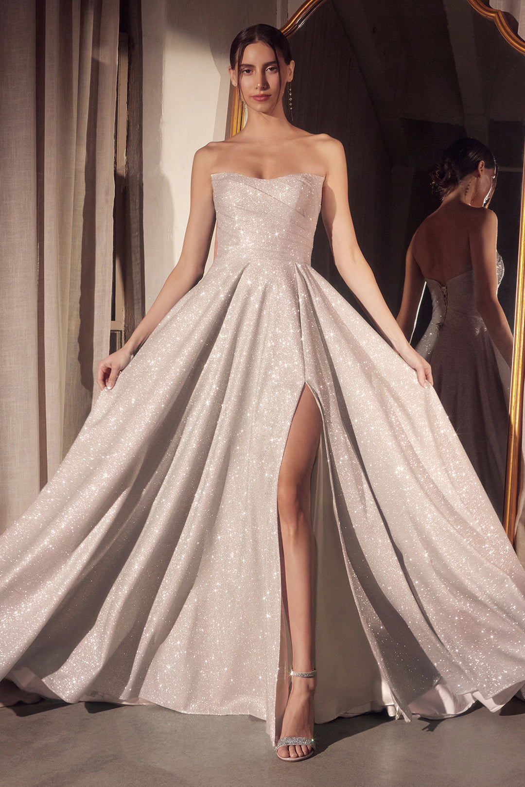 Glitter Strapless A-line Slit Gown by Ladivine T701