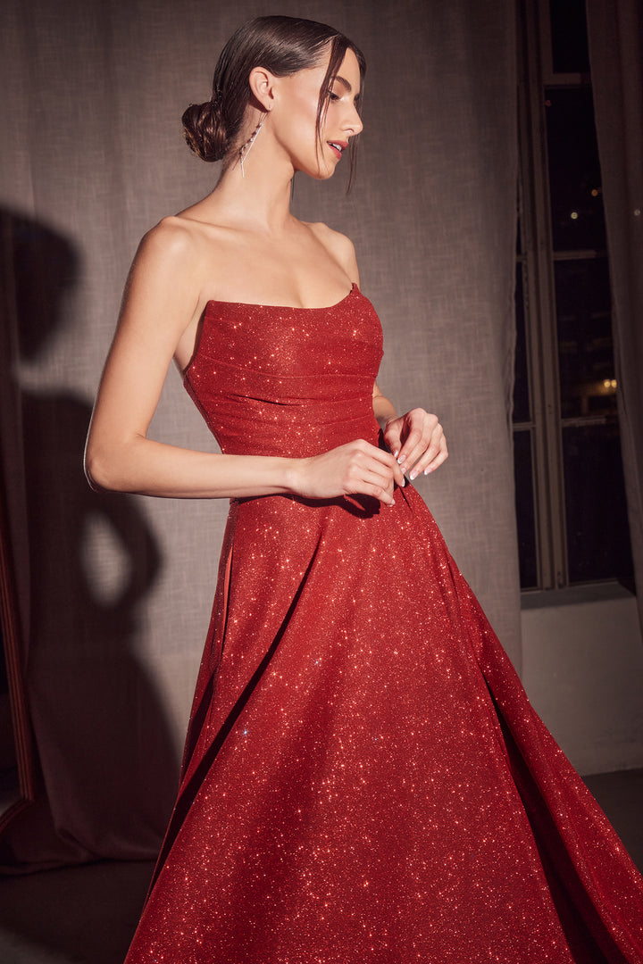 Glitter Strapless A-line Slit Gown by Amoris T701