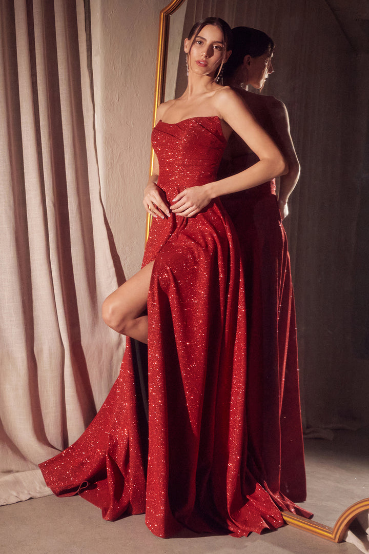 Glitter Strapless A-line Slit Gown by Amoris T701