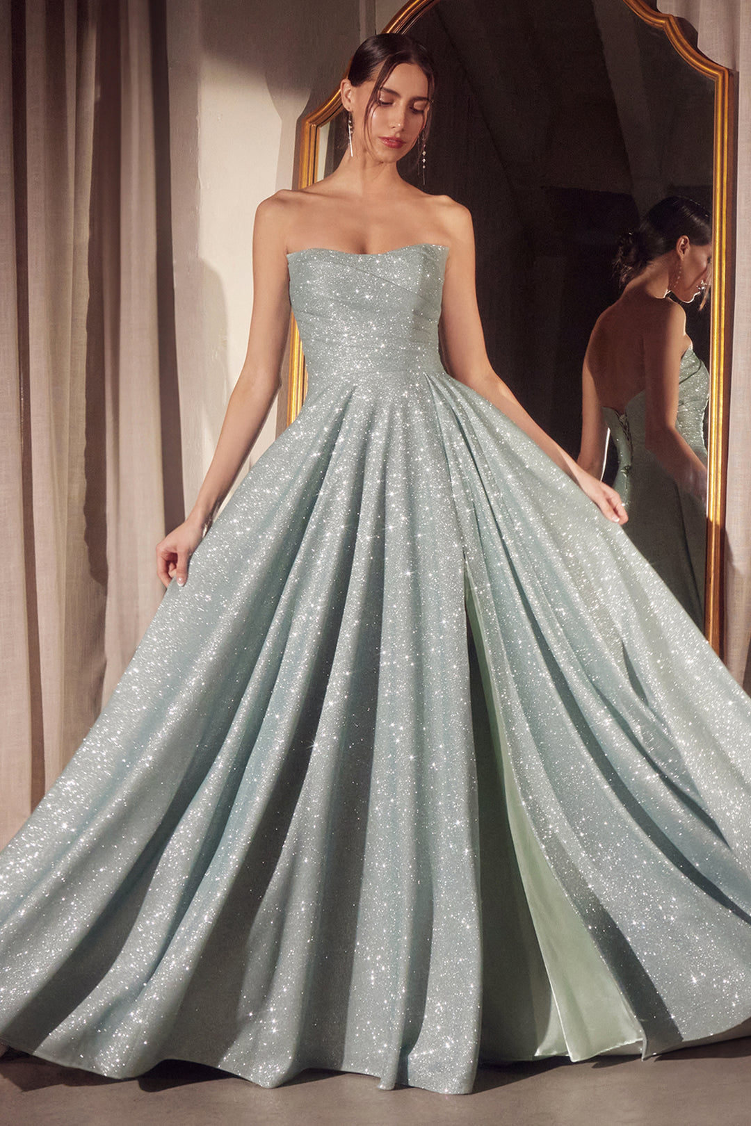 Glitter Strapless A-line Slit Gown by Amoris T701