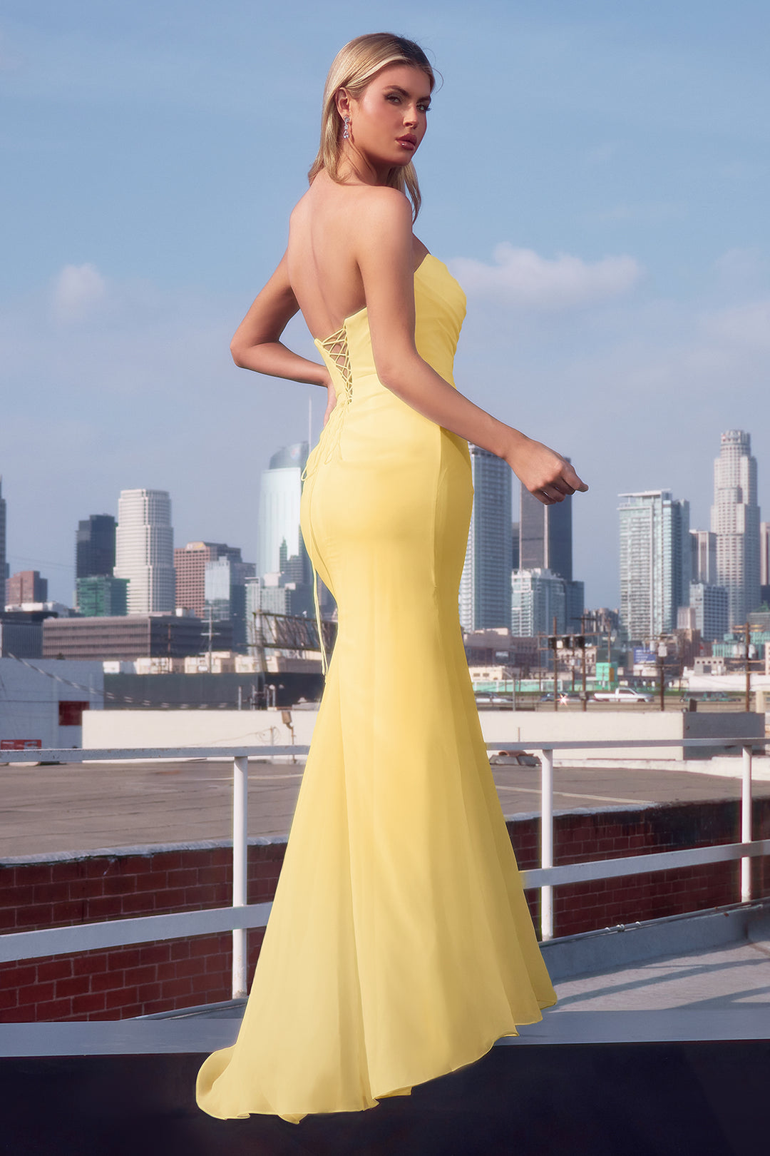 Chiffon Fitted Long Strapless Dress by Ladivine T702 - Outlet