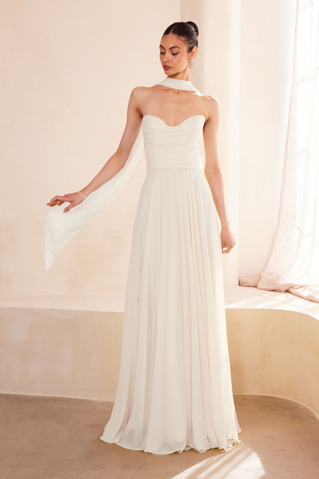 White Chiffon Strapless A-line Gown by Amoris T703W S / Off White White Chiffon Strapless A-line Gown by Amoris T703W S / Off White