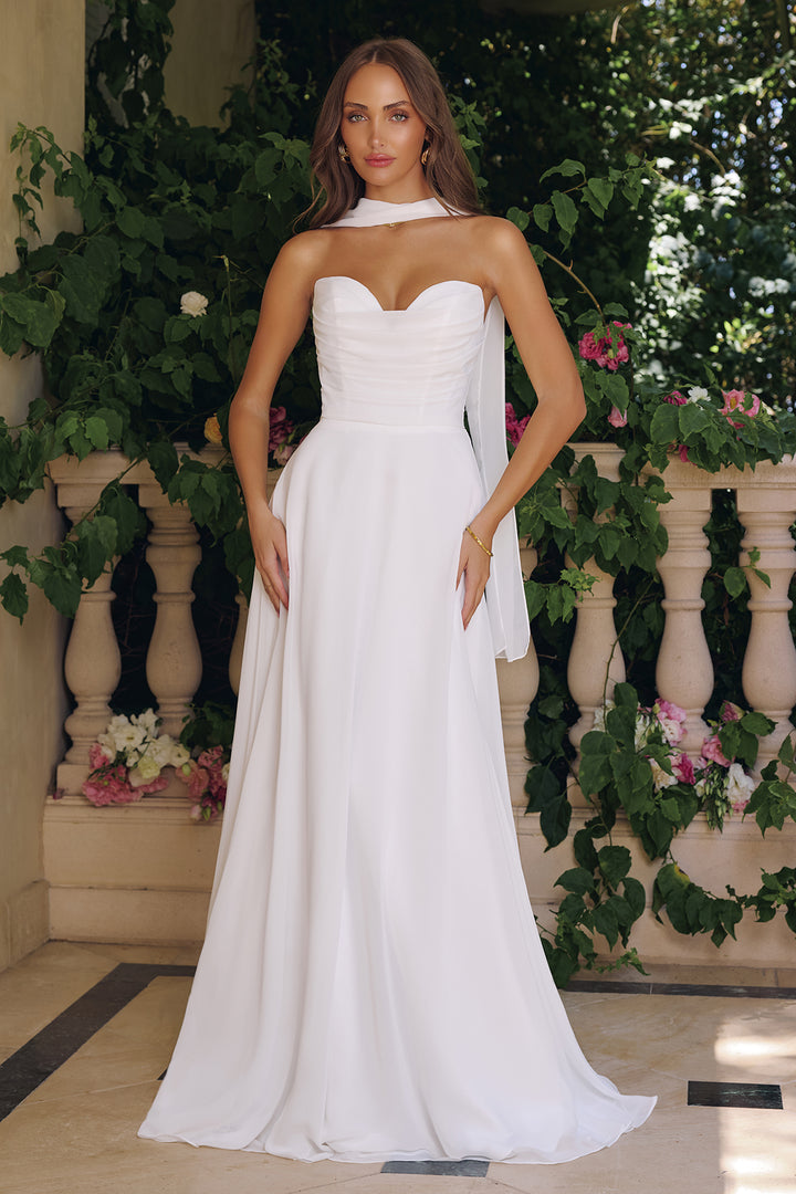 White Chiffon Strapless A-line Gown by Amoris T703W