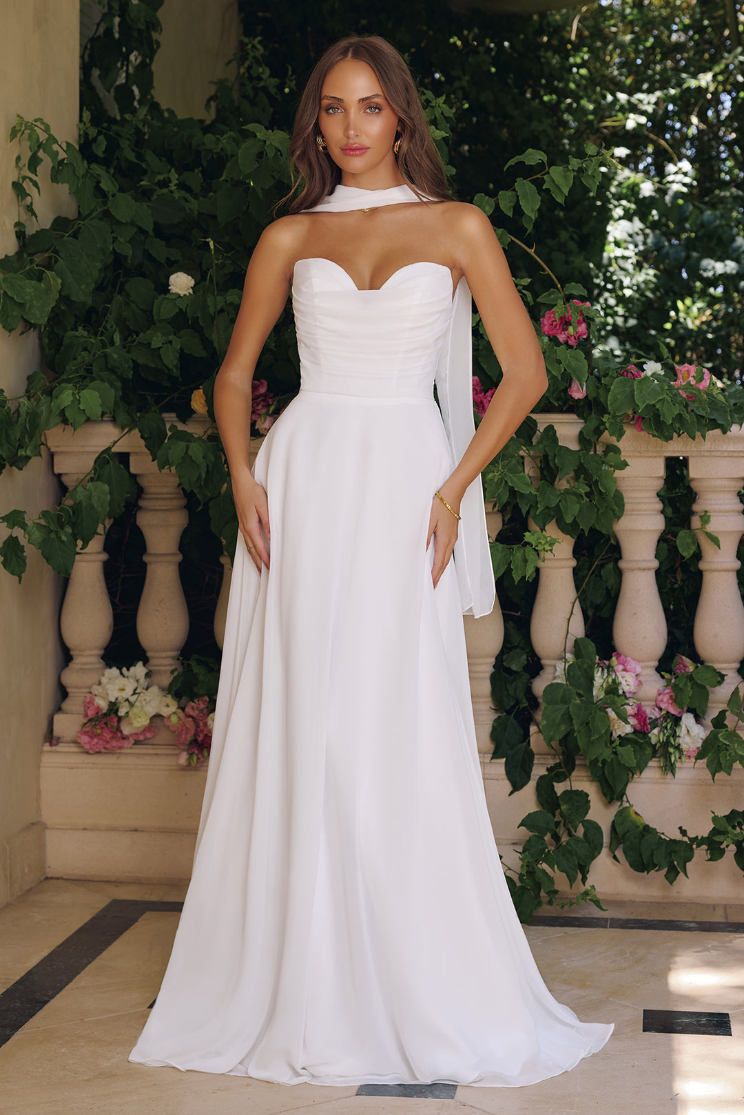 White Chiffon Strapless A-line Gown by Amoris T703W XL / Off White