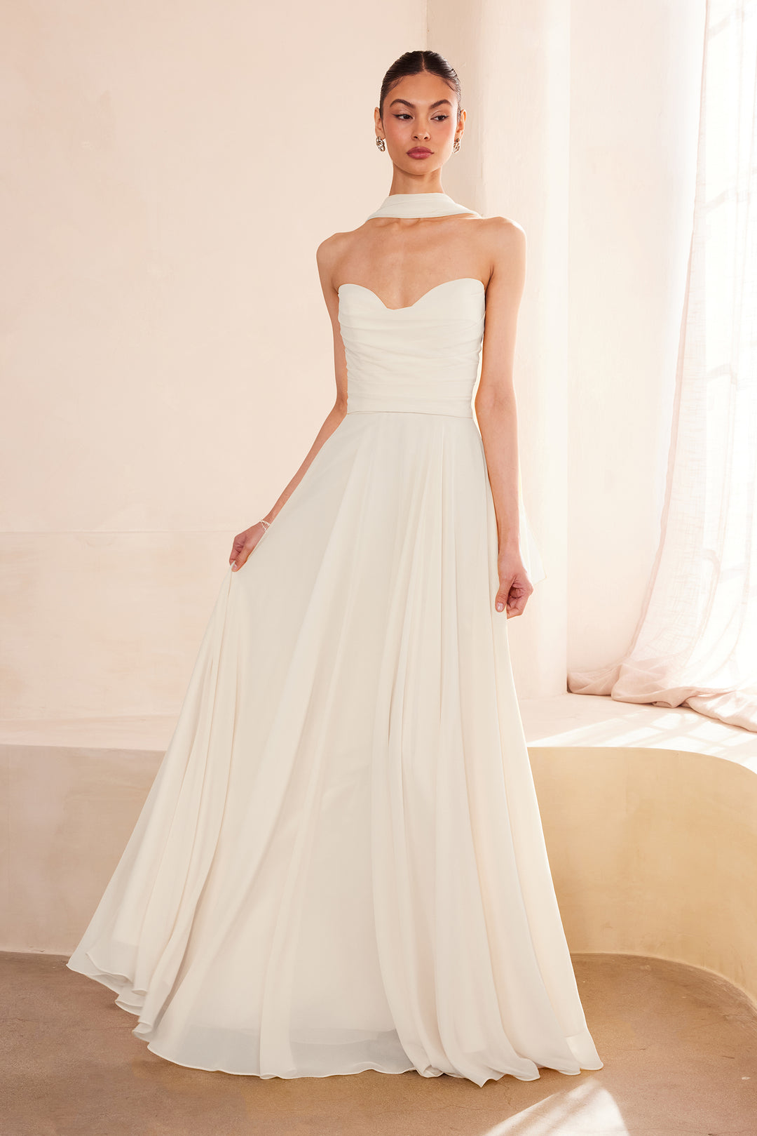 White Chiffon Strapless A-line Gown by Amoris T703W S / Off White White Chiffon Strapless A-line Gown by Amoris T703W S / Off White