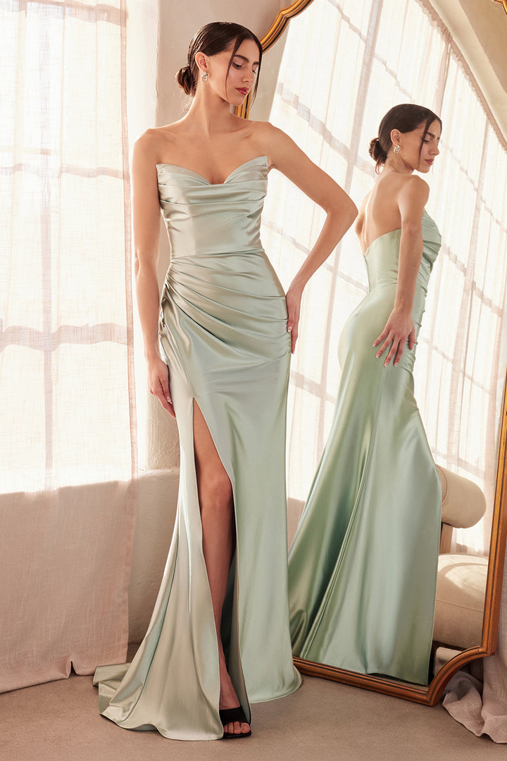 Satin Fitted Strapless Slit Gown by Ladivine T704