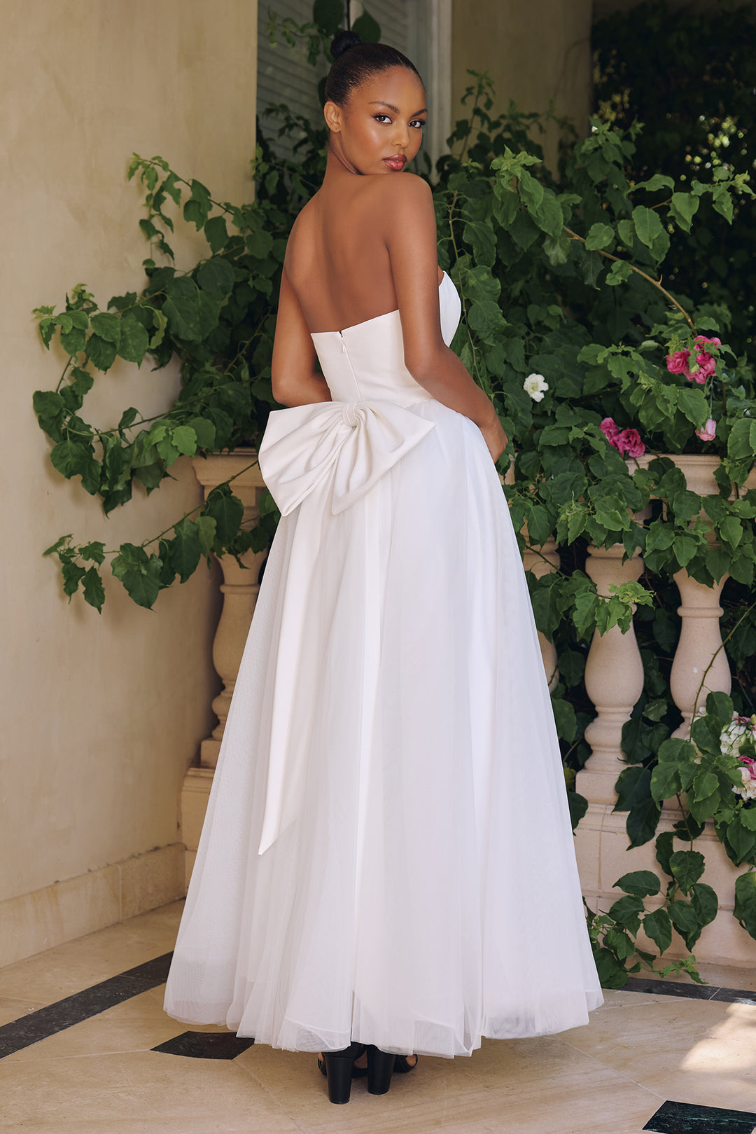 White Strapless Tea Length Dress by Amoris T712W
