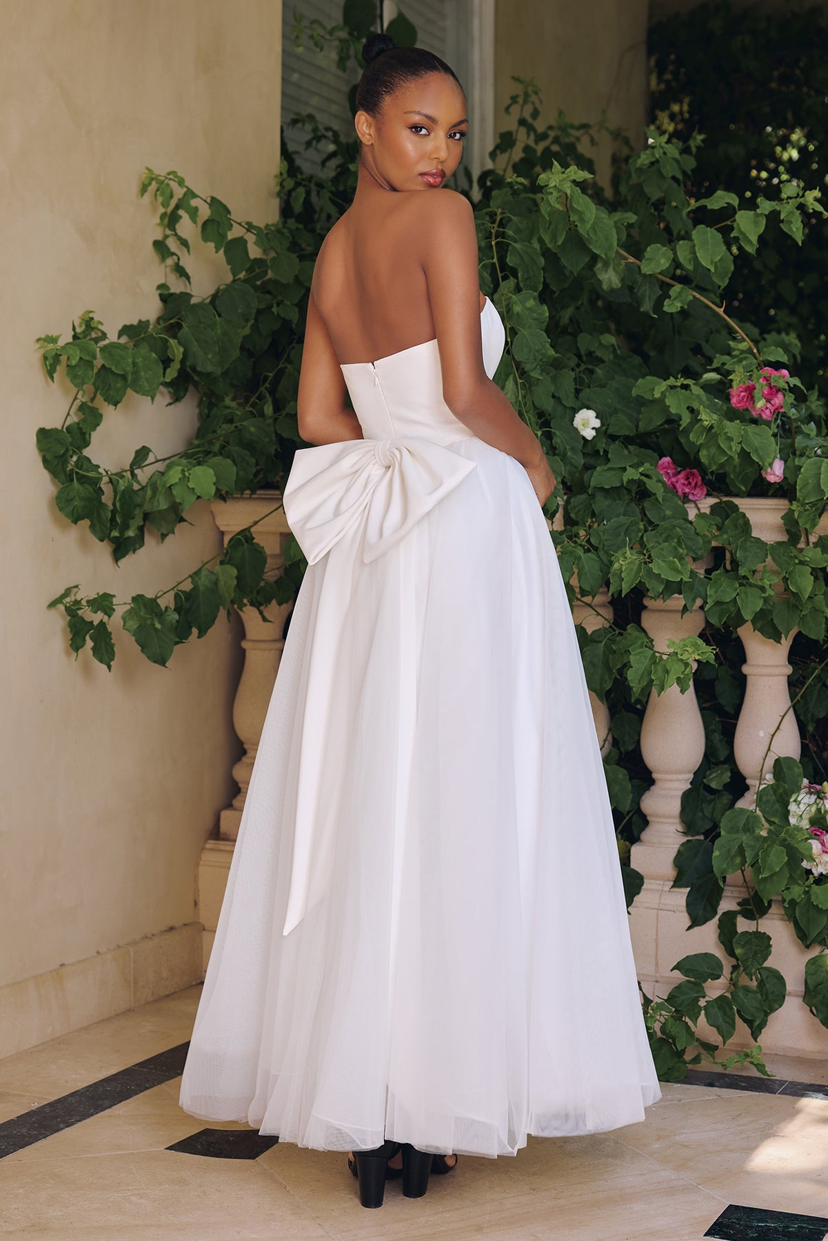 White Strapless Tea Length Dress by Amoris T712W