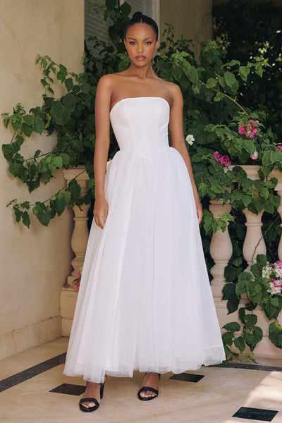 White Strapless Tea Length Dress by Amoris T712W L / Off White