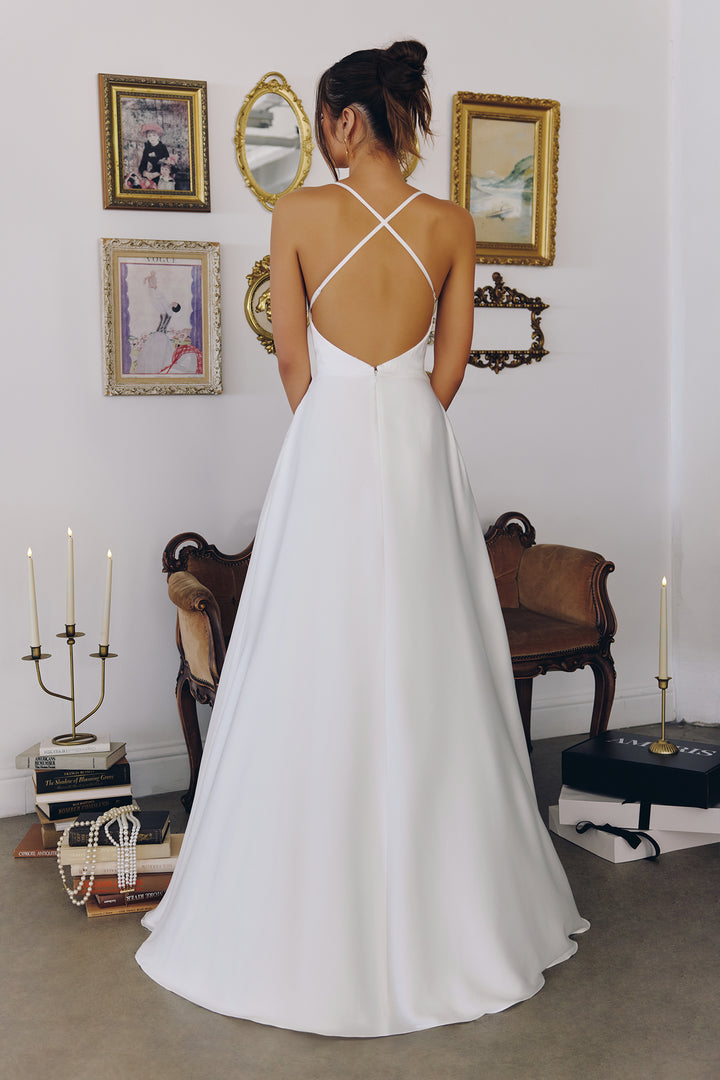 White Satin Cowl A-line Gown by Amoris T714W