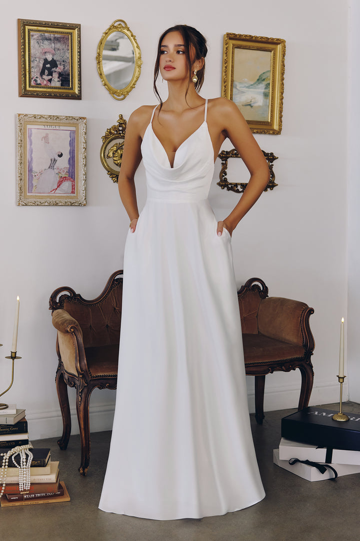 White Satin Cowl A-line Gown by Amoris T714W