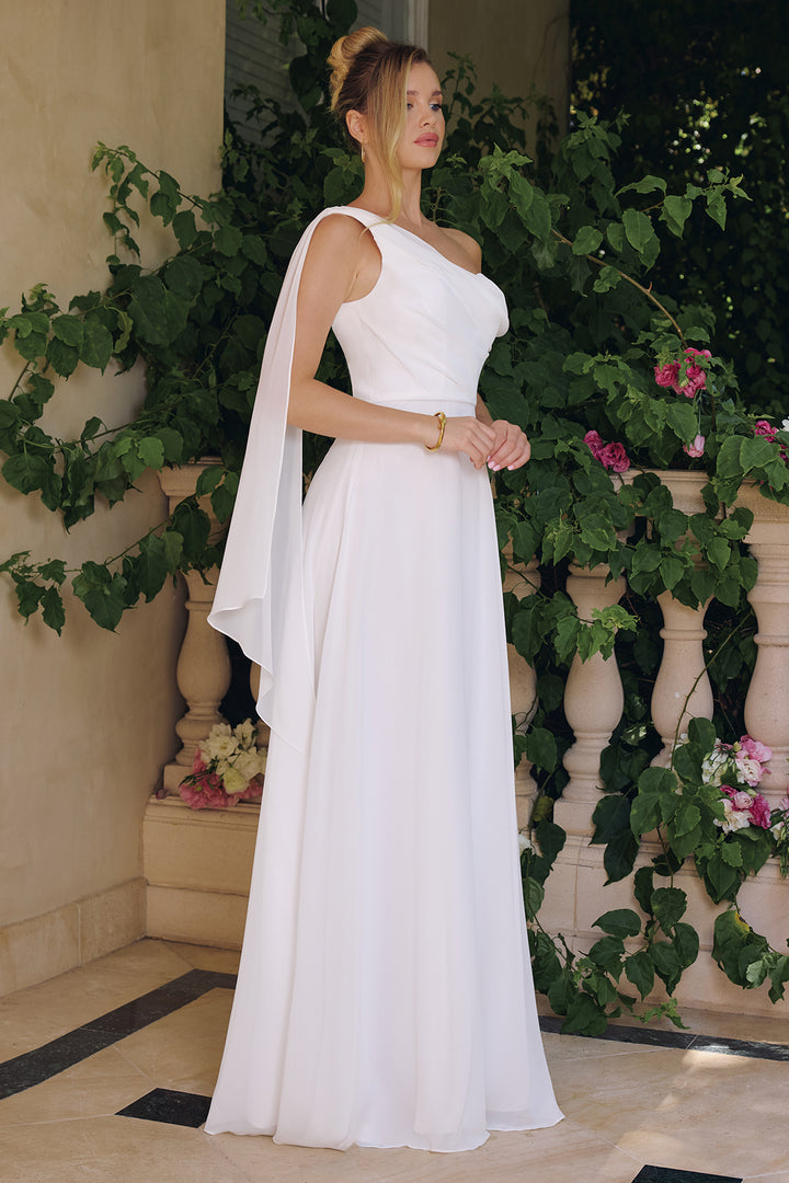 White One Shoulder A-line Gown by Amoris T716W