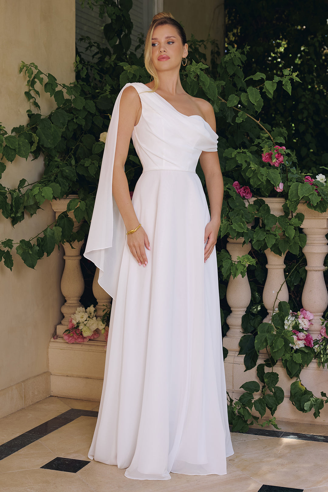 White One Shoulder A-line Gown by Amoris T716W