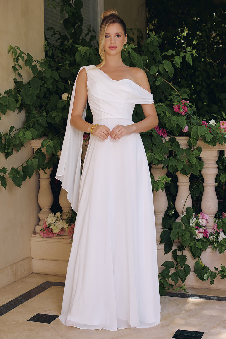 White One Shoulder A-line Gown by Amoris T716W