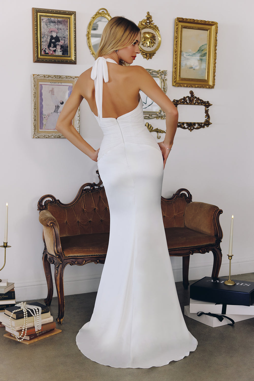 Amoris T720W White Fitted Halter Gown with Satin Skirt & Chiffon Bodice Off-White / L Amoris T720W White Fitted Halter Gown with Satin Skirt & Chiffon Bodice Off-White / L