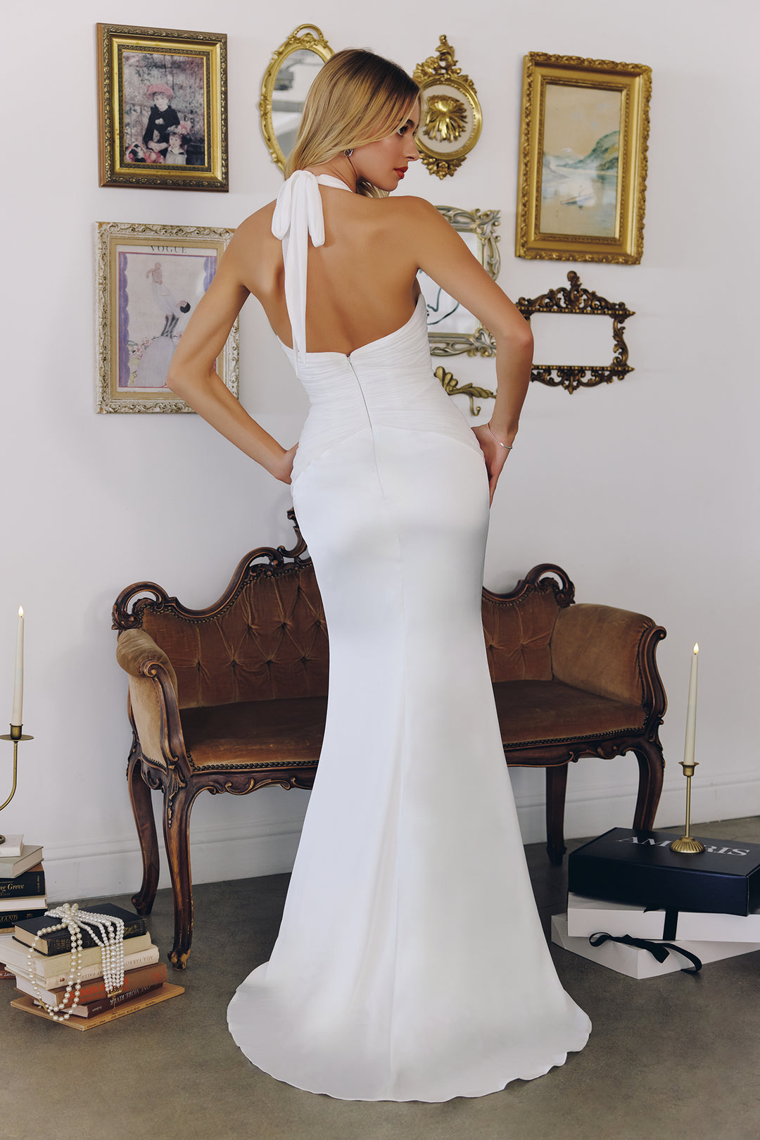 White Satin Fitted Halter Gown by Amoris T720W