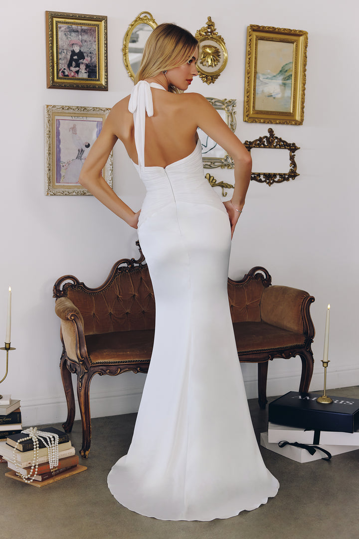 White Satin Fitted Halter Gown by Amoris T720W