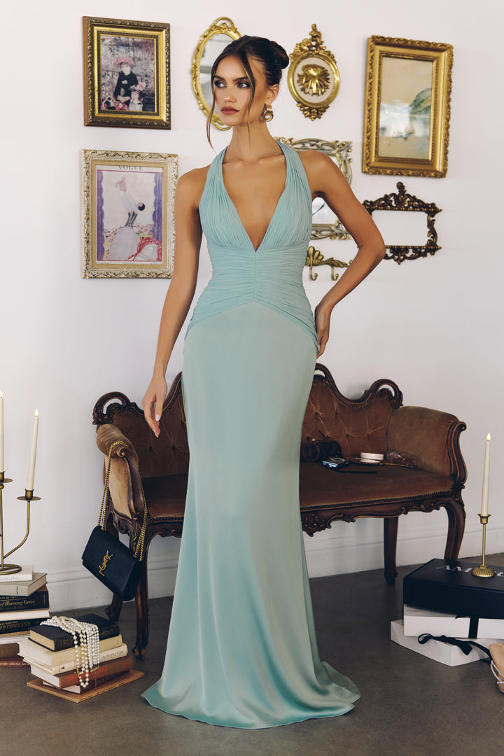 Satin Fitted Long Halter Dress by Amoris T720 - Outlet