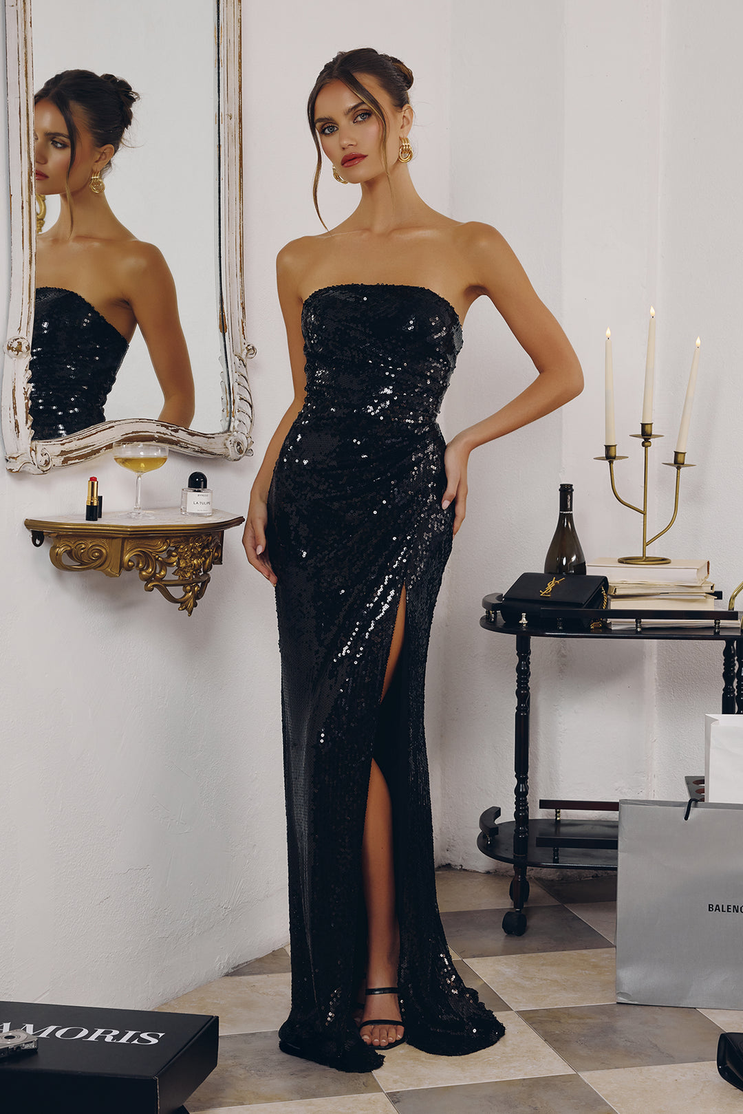 Sequin Fitted Strapless Slit Gown by Amoris T724