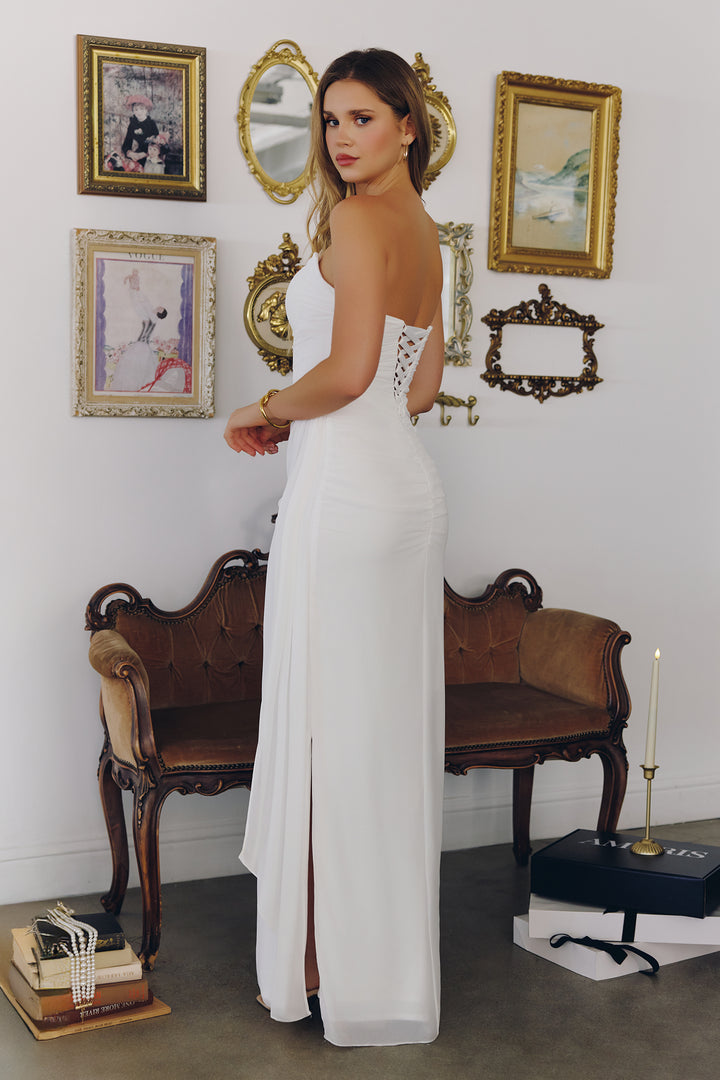 White Chiffon Fitted Strapless Gown by Amoris T726W