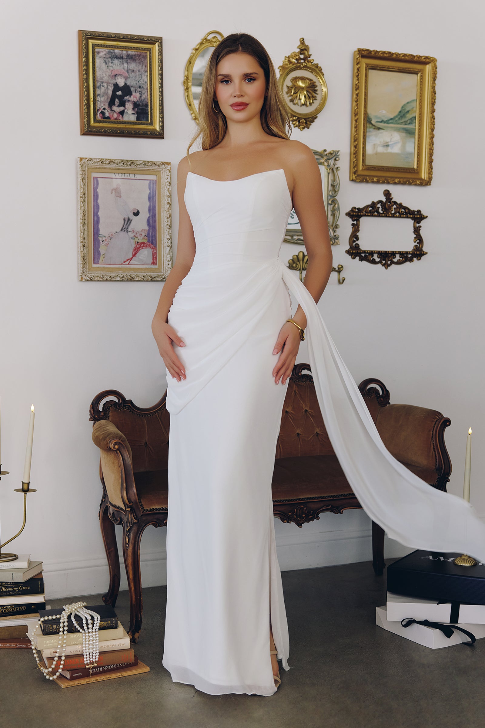 White Chiffon Fitted Strapless Gown by Amoris T726W – ABC Fashion