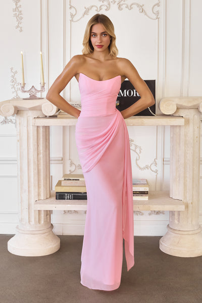 Chiffon Fitted Long Strapless Dress by Amoris T726 XL / Light Pink