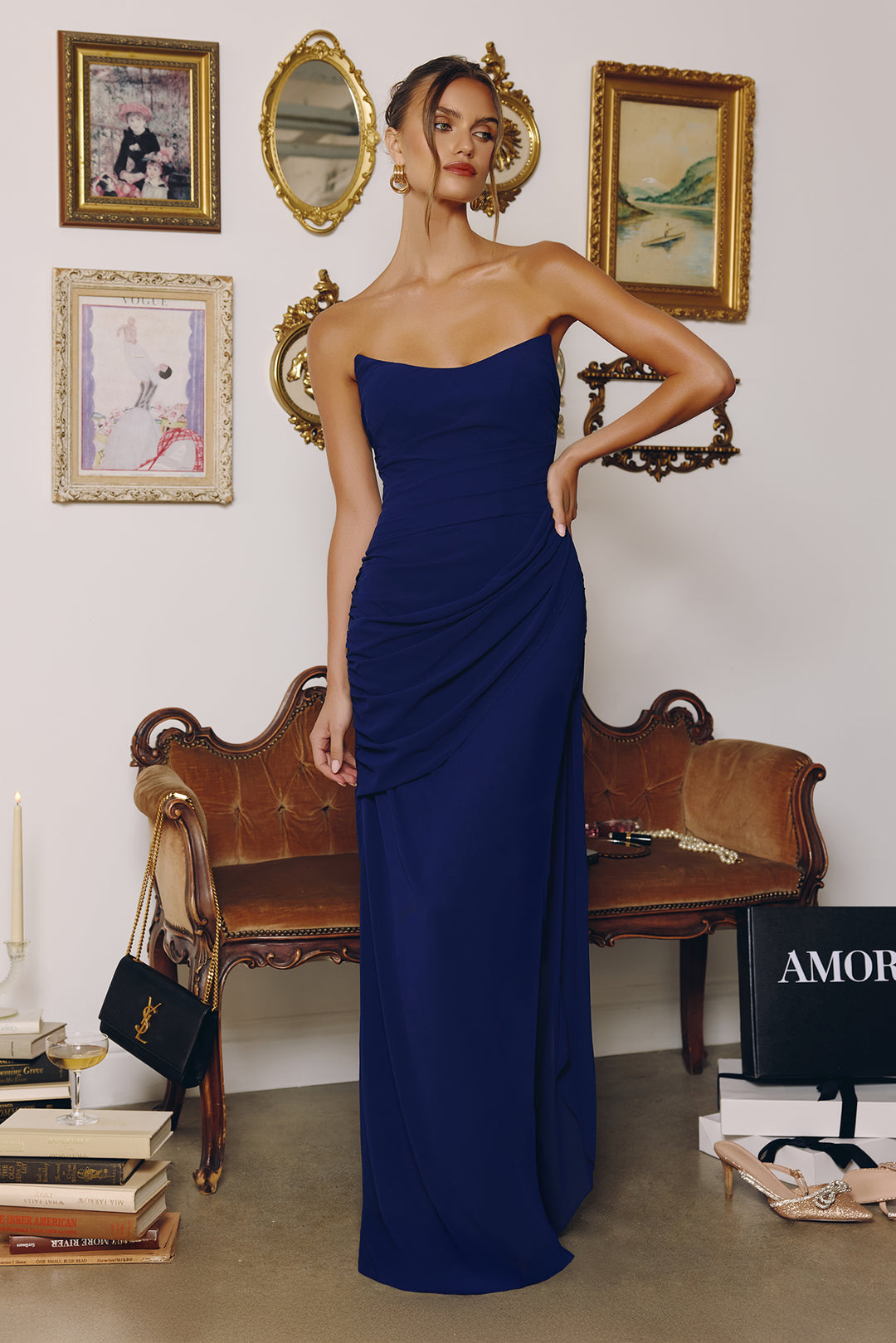 Chiffon Fitted Long Strapless Dress by Amoris T726