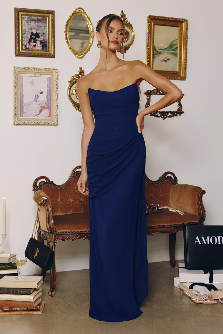 Chiffon Fitted Long Strapless Dress by Amoris T726