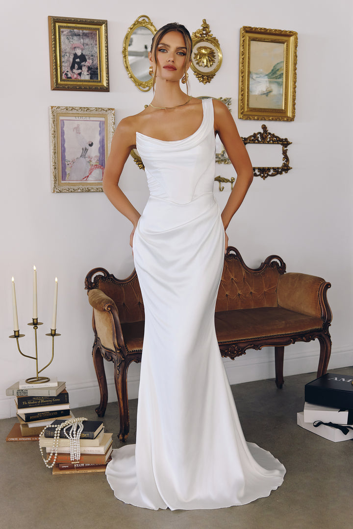 White Satin Fitted One Shoulder Gown by Amoris T727W