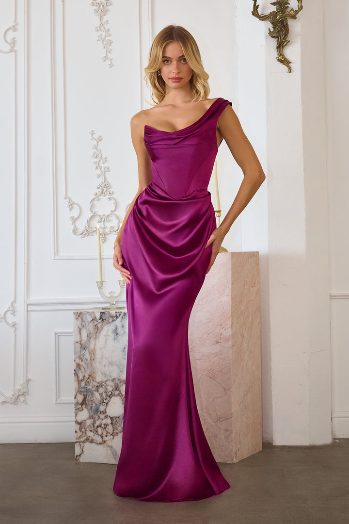 Satin Fitted One Shoulder Gown by Amoris T727