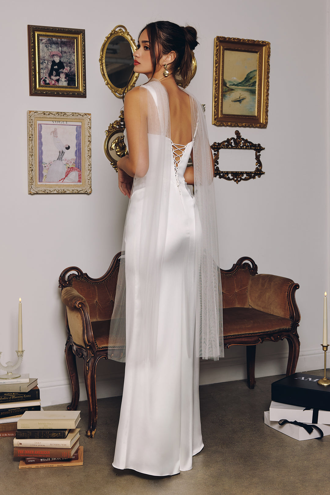 White Satin Fitted Sleeveless Gown by Amoris T729W