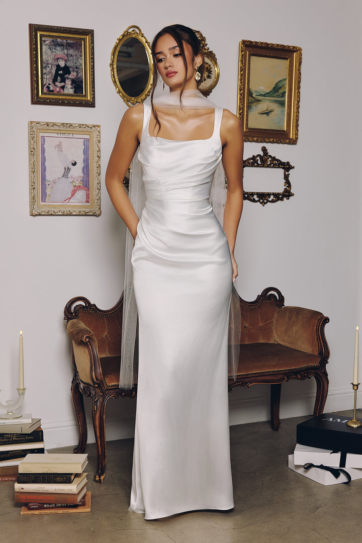 White Satin Fitted Sleeveless Gown by Amoris T729W