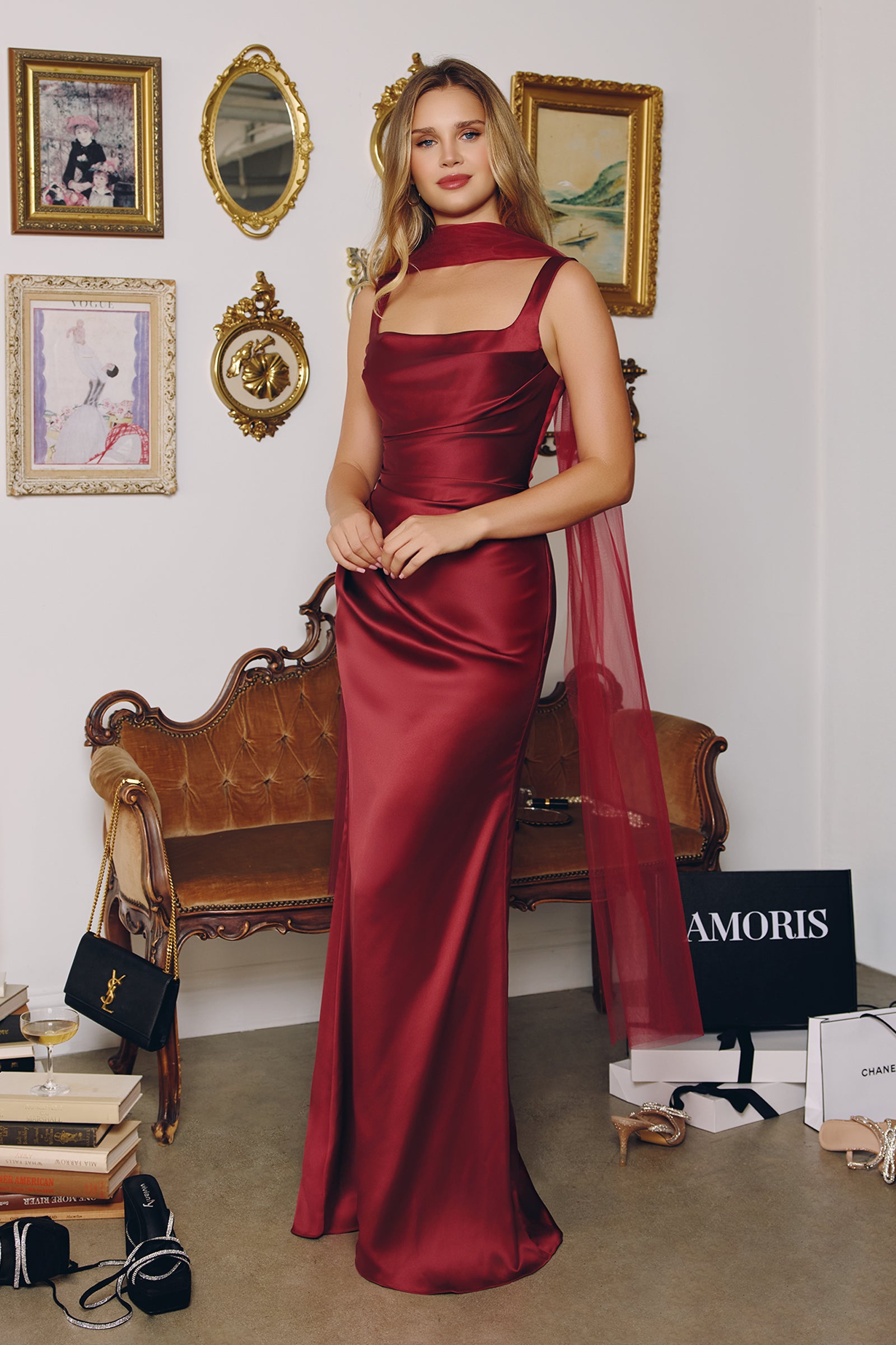 Satin Fitted Sleeveless Scarf Gown by Amoris T729 – ABC Fashion