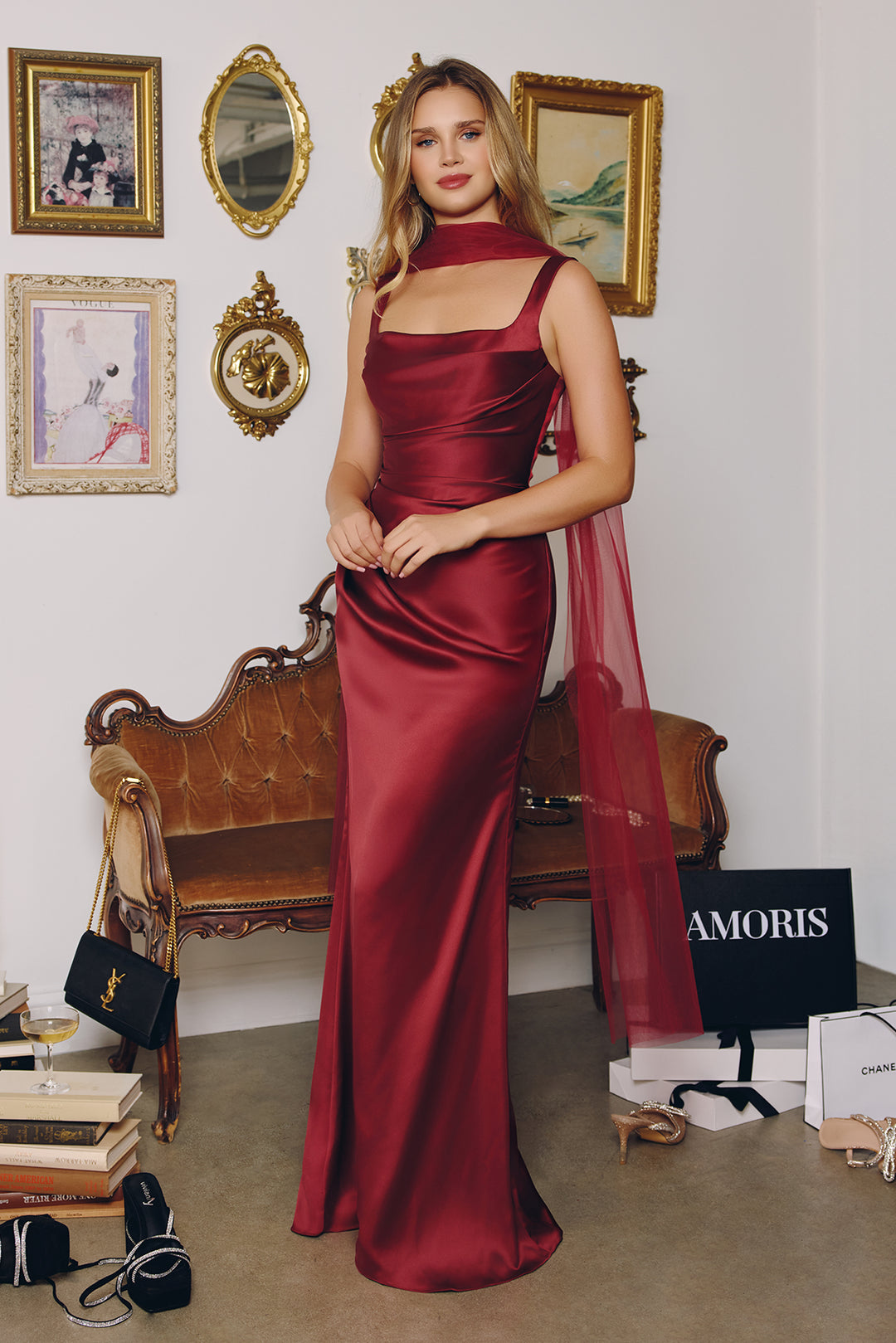 Amoris T729 Elegantly Fitted Satin Gown with Pleats Square Neck and Scarf Burgundy / XS Amoris T729 Elegantly Fitted Satin Gown with Pleats Square Neck and Scarf Burgundy / XS
