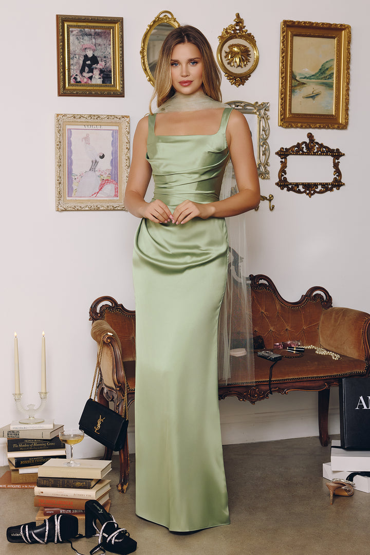 Satin Fitted Sleeveless Scarf Gown by Amoris T729