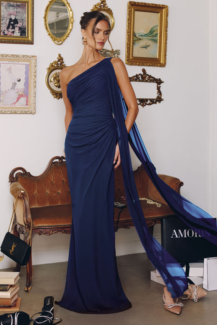 Chiffon Fitted One Shoulder Gown by Amoris T730