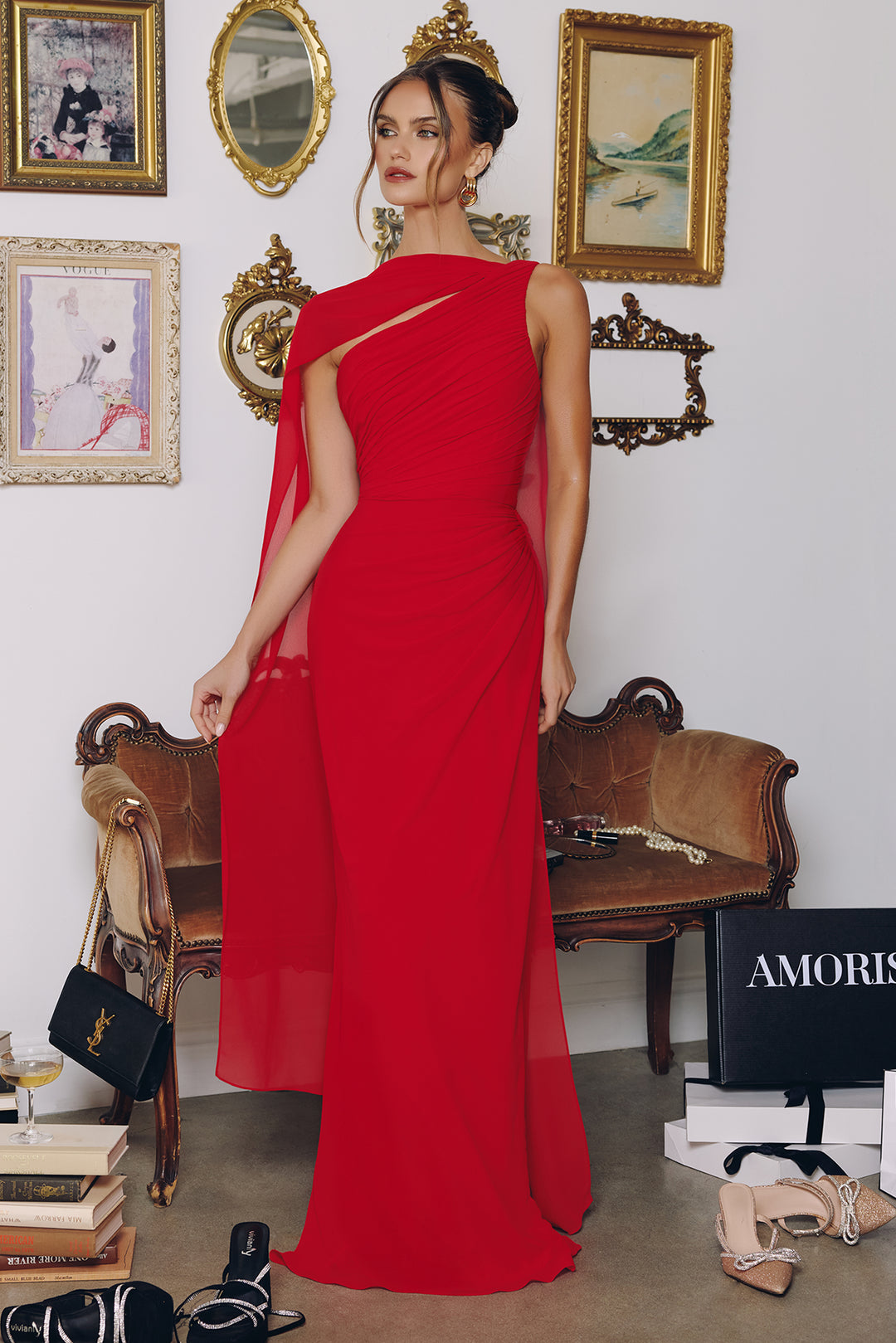 Chiffon Fitted One Shoulder Gown by Amoris T730 XS / Navy