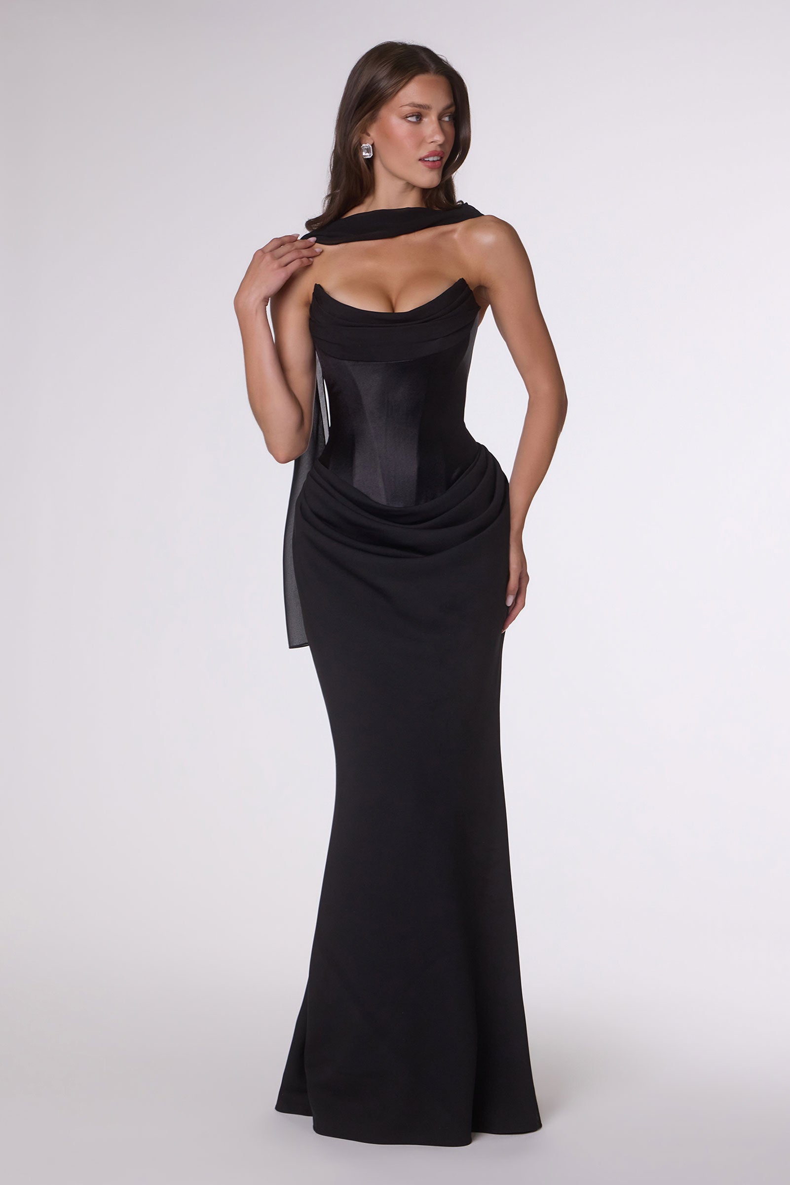 Crepe Fitted Strapless Scarf Gown by Amoris T732 – ABC Fashion