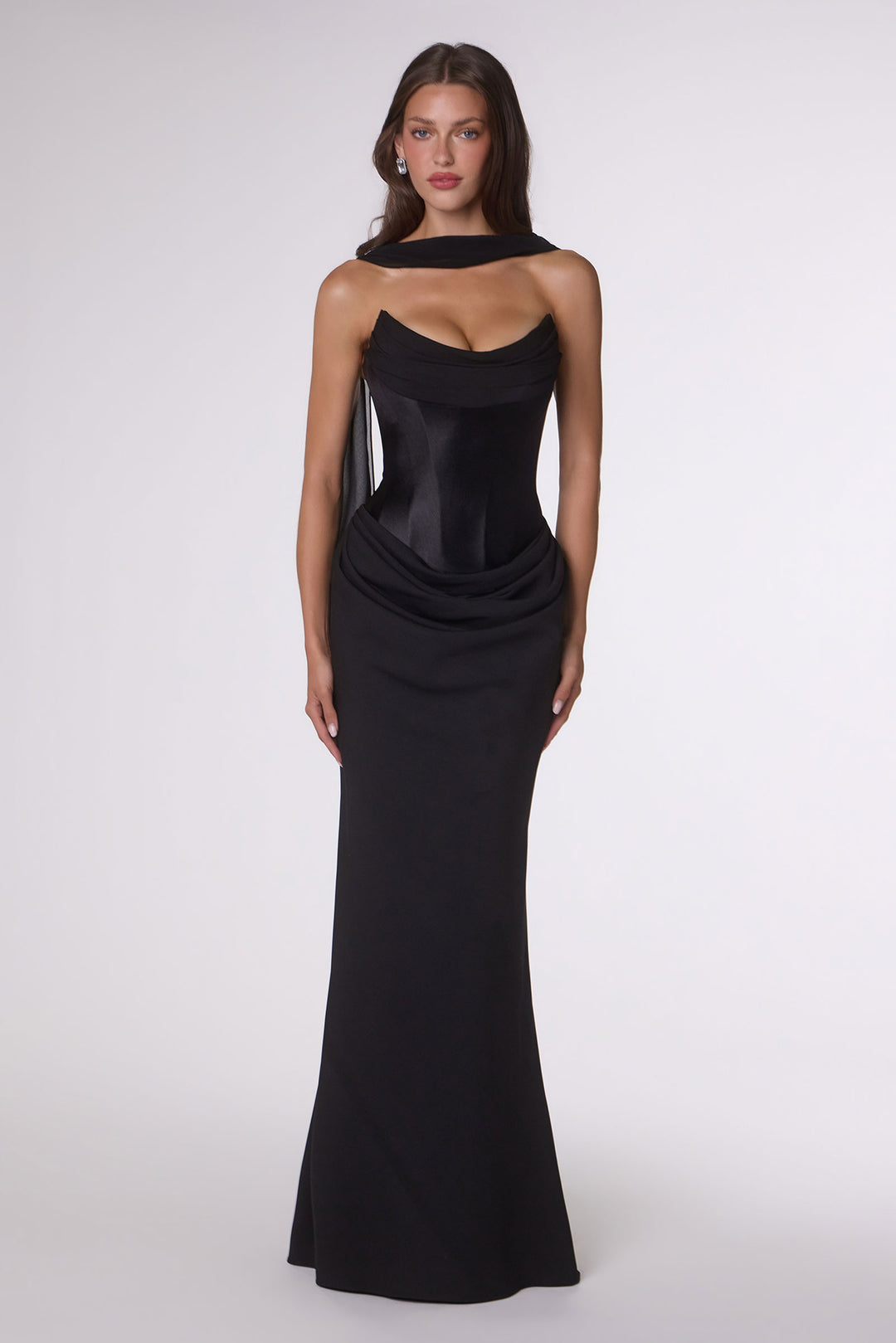 Crepe Fitted Strapless Scarf Gown by Amoris T732
