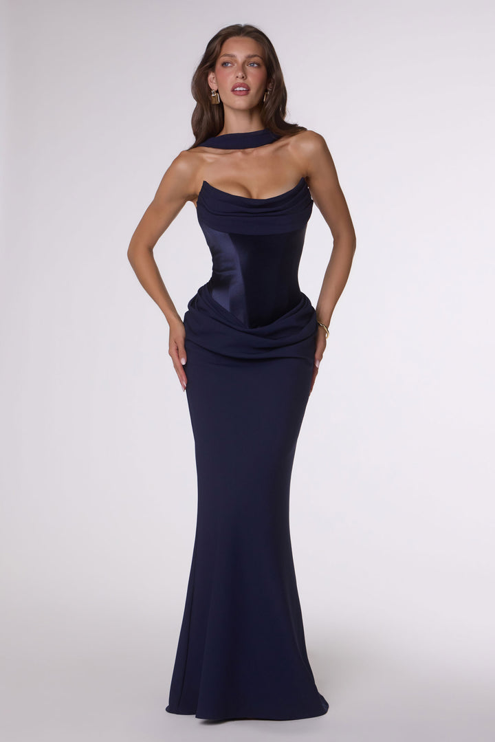 Crepe Fitted Strapless Scarf Gown by Amoris T732