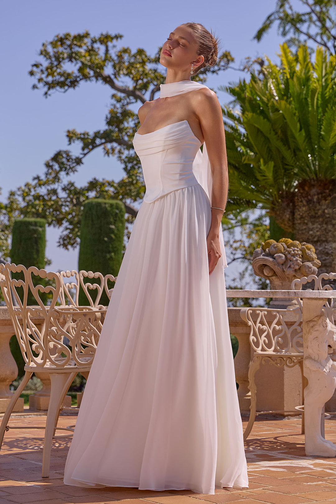 White Chiffon Strapless A-line Gown by Amoris T741W